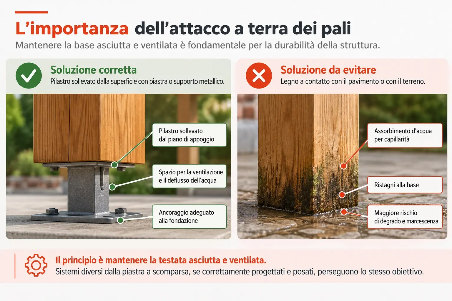Infografica sul corretto attacco a terra dei pilastri in legno, con confronto tra supporto metallico rialzato e legno a contatto con acqua e pavimento.