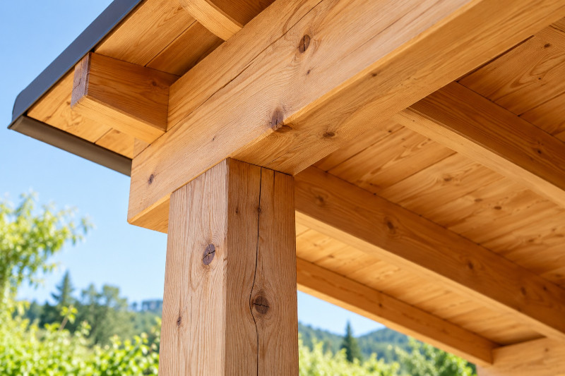 Dettaglio di una struttura in legno con travi a vista, nodi e fessurazioni naturali del legno