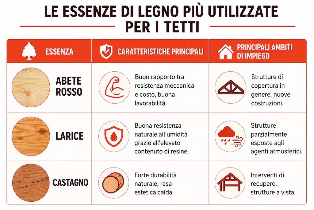 Tabella comparativa essenze legnose per tetti in legno: abete rosso, larice e castagno con caratteristiche principali e ambiti di impiego